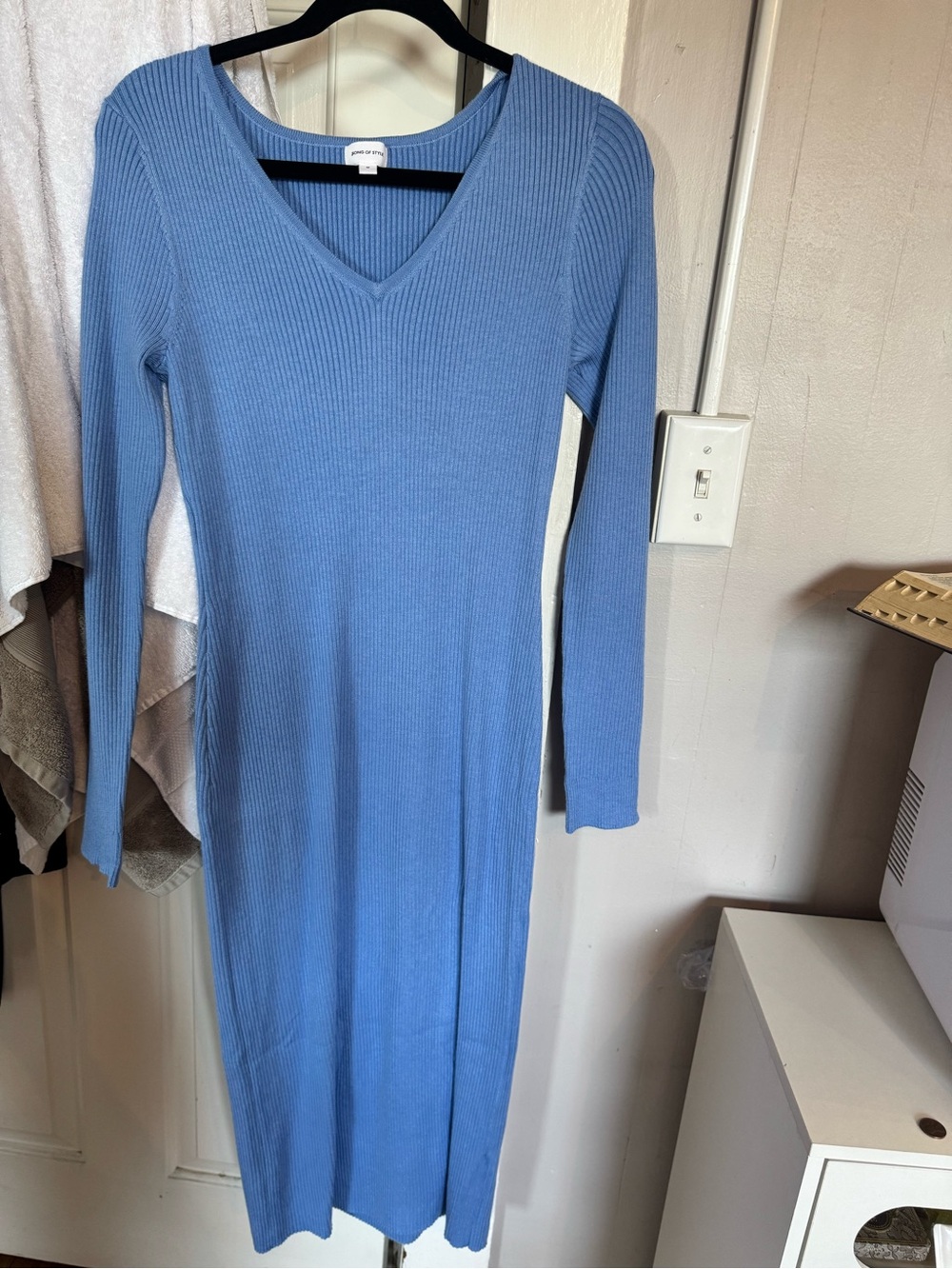 Song of Style Ribbed V-Neck Long Sleeve Dress - Blue